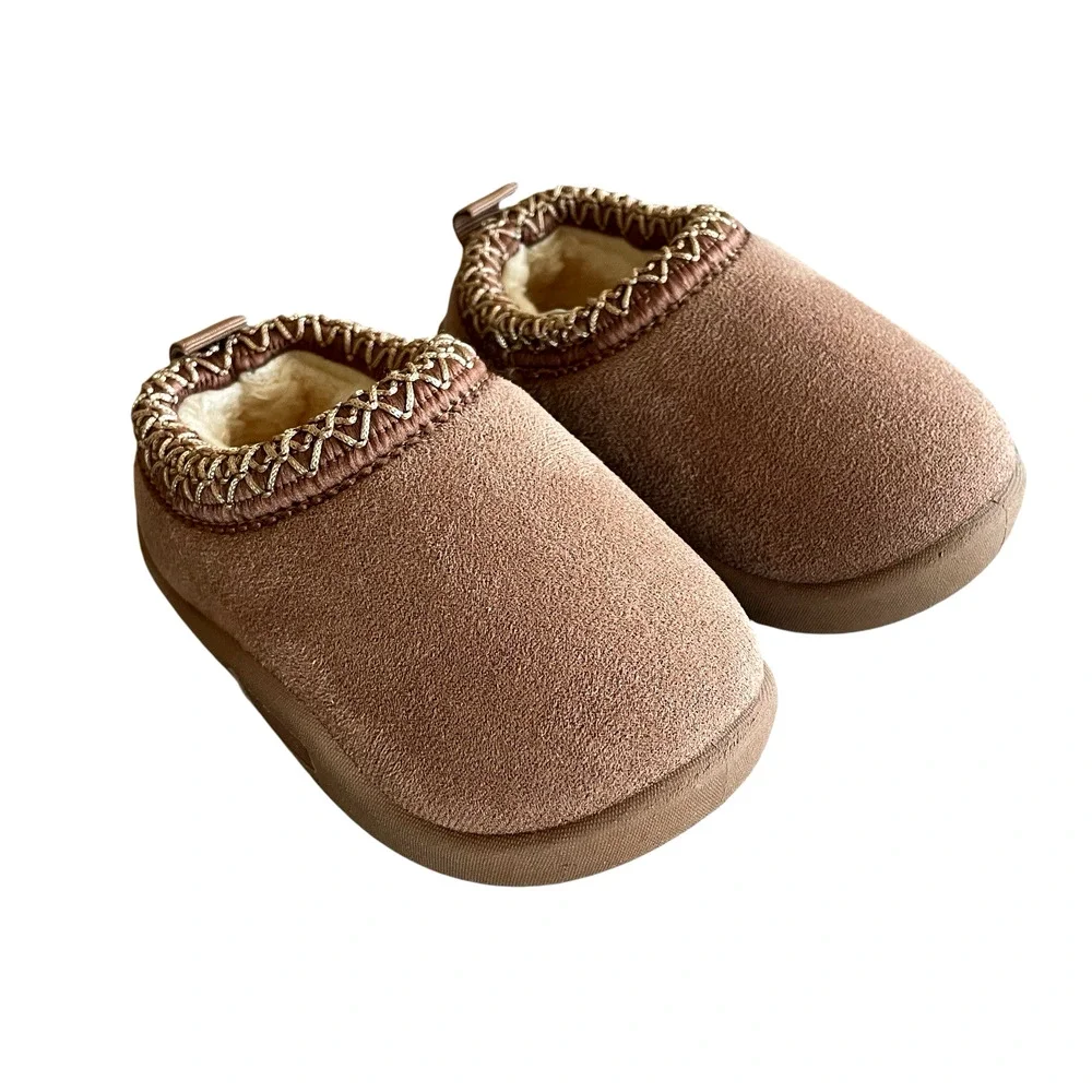 Embroidered Plush Brown Faux Suede Baby 24 Months Booties Pull-On Cozy Slippers
